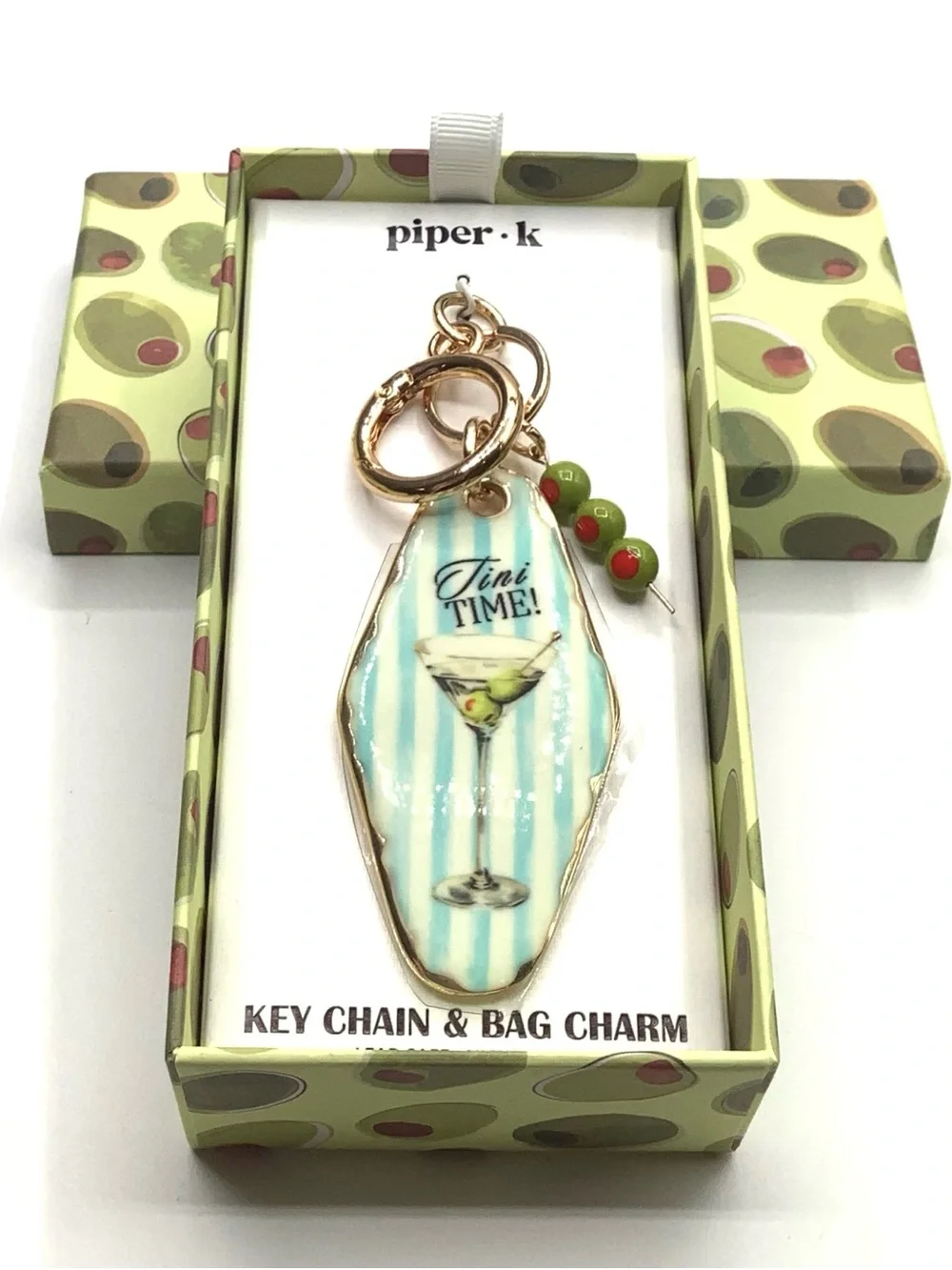 piper·k Gold-Tone Key Chain & Bag Charm in Aqua Stripe with Martini Accent